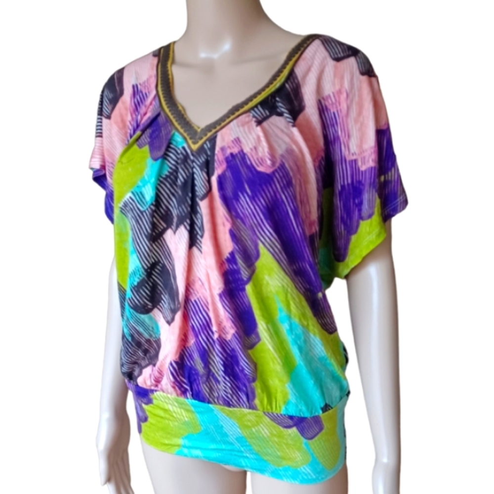 ANTHROPOLOGIE Womens Stretchy V Neck Top Multicolor Short Sleeves Small Petite